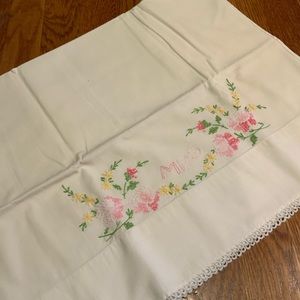 Pillow Case Embroidery Floral Mrs Pink Yellow Standard Vintage #DX-5